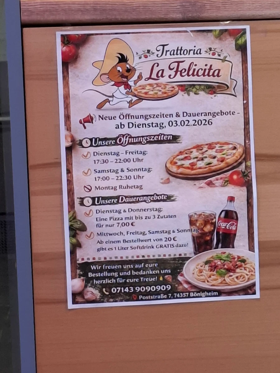 Speisekarte, Pizzeria La Felicità Da Gonzalez