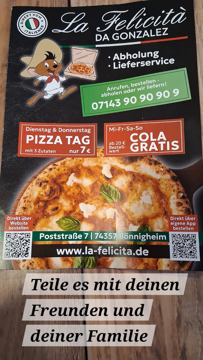 Speisekarte, Pizzeria La Felicità Da Gonzalez