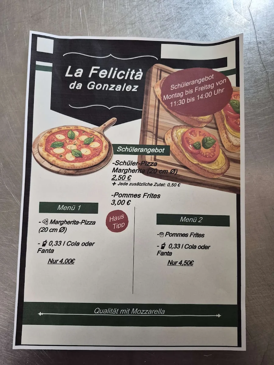 Speisekarte, Pizzeria La Felicità Da Gonzalez