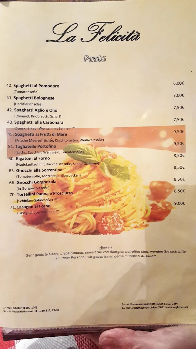 Speisekarte, Pizzeria La Felicità Da Gonzalez