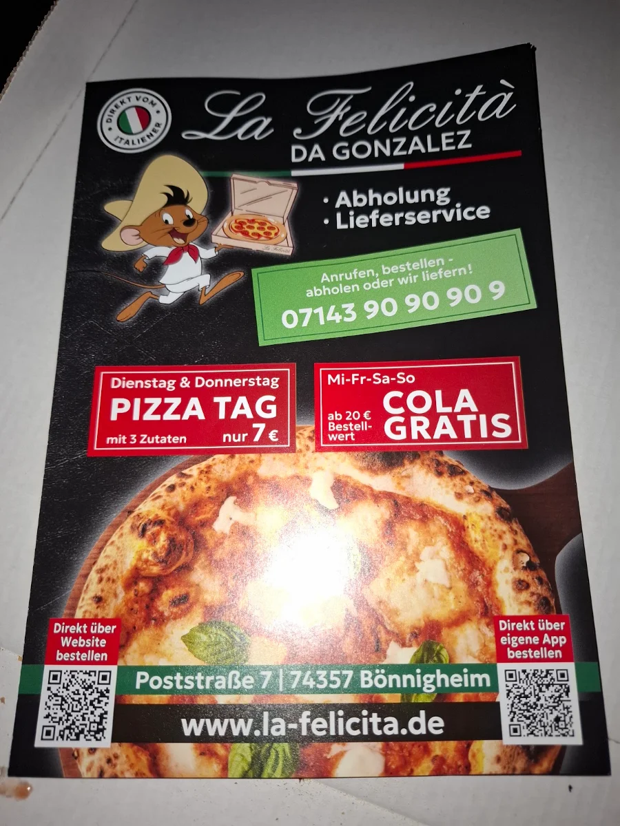 Speisekarte, Pizzeria La Felicità Da Gonzalez