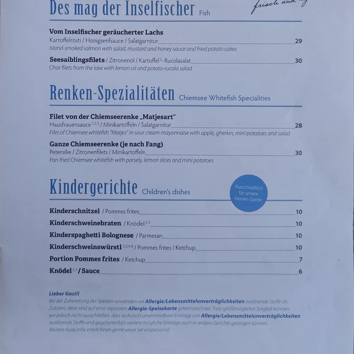 Speisekarte, Klosterwirt Chiemsee GmbH