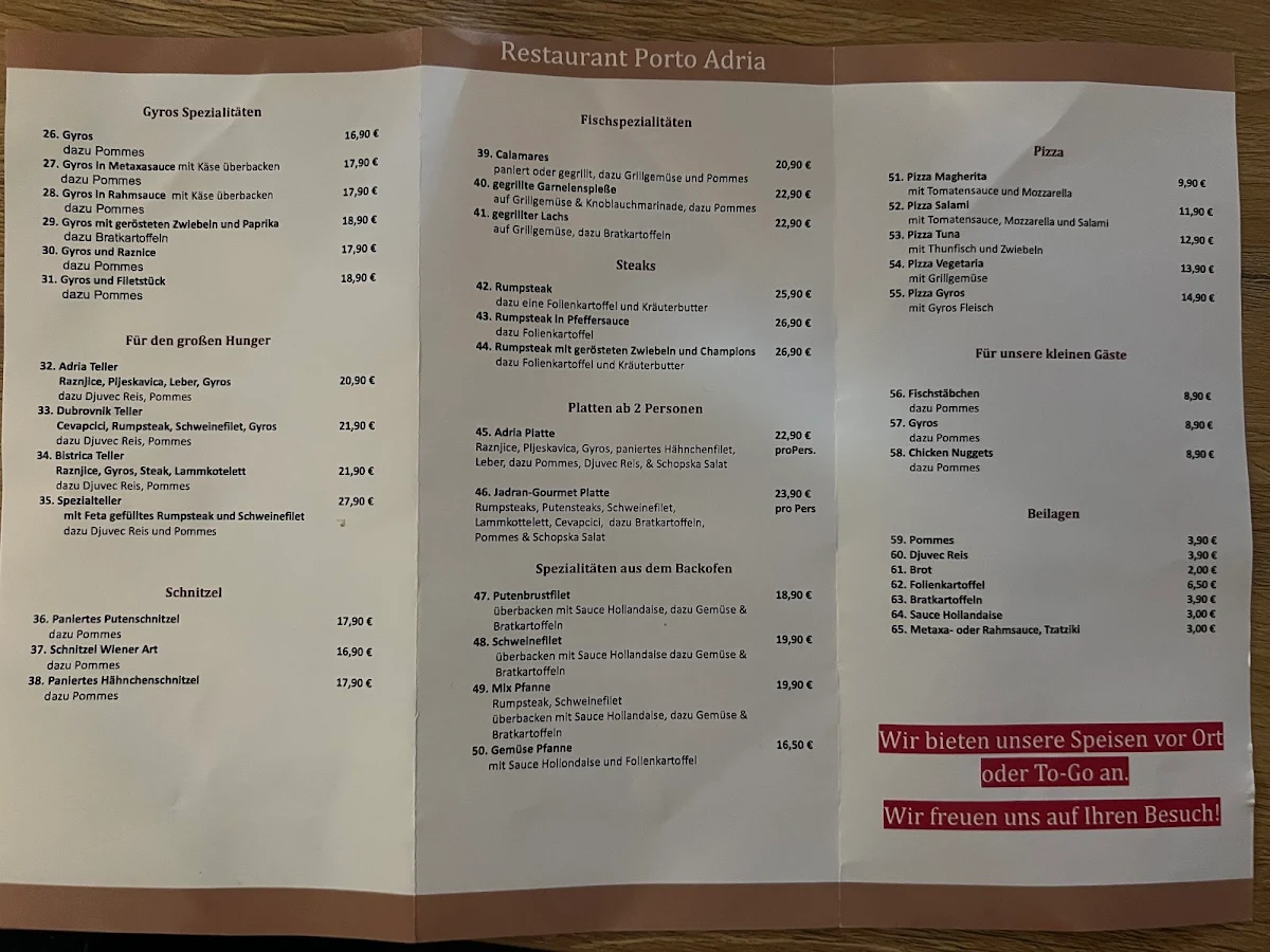 Speisekarte, Restaurant Porto Adria