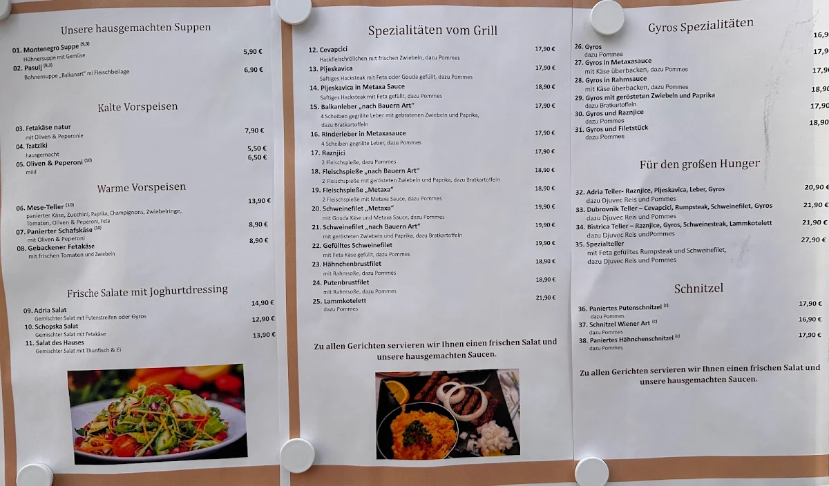 Speisekarte, Restaurant Porto Adria
