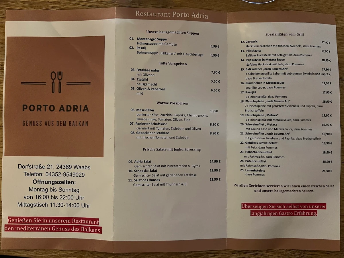 Speisekarte, Restaurant Porto Adria
