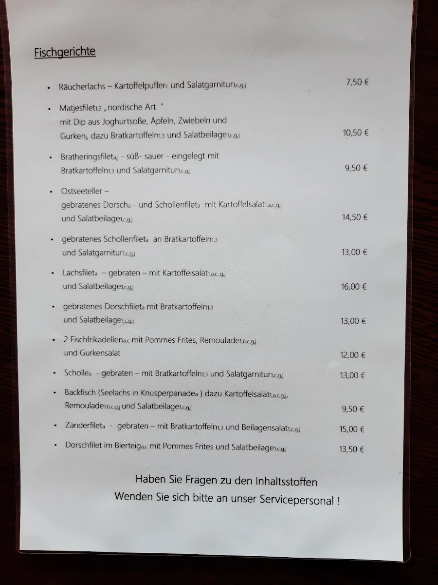 Speisekarte, Bin Fischer sin Fru Bistro & Fischladen