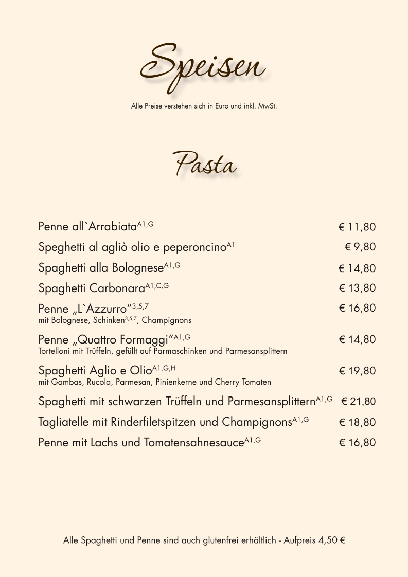 Speisekarte, L'Azzurro - Italienisches Restaurant