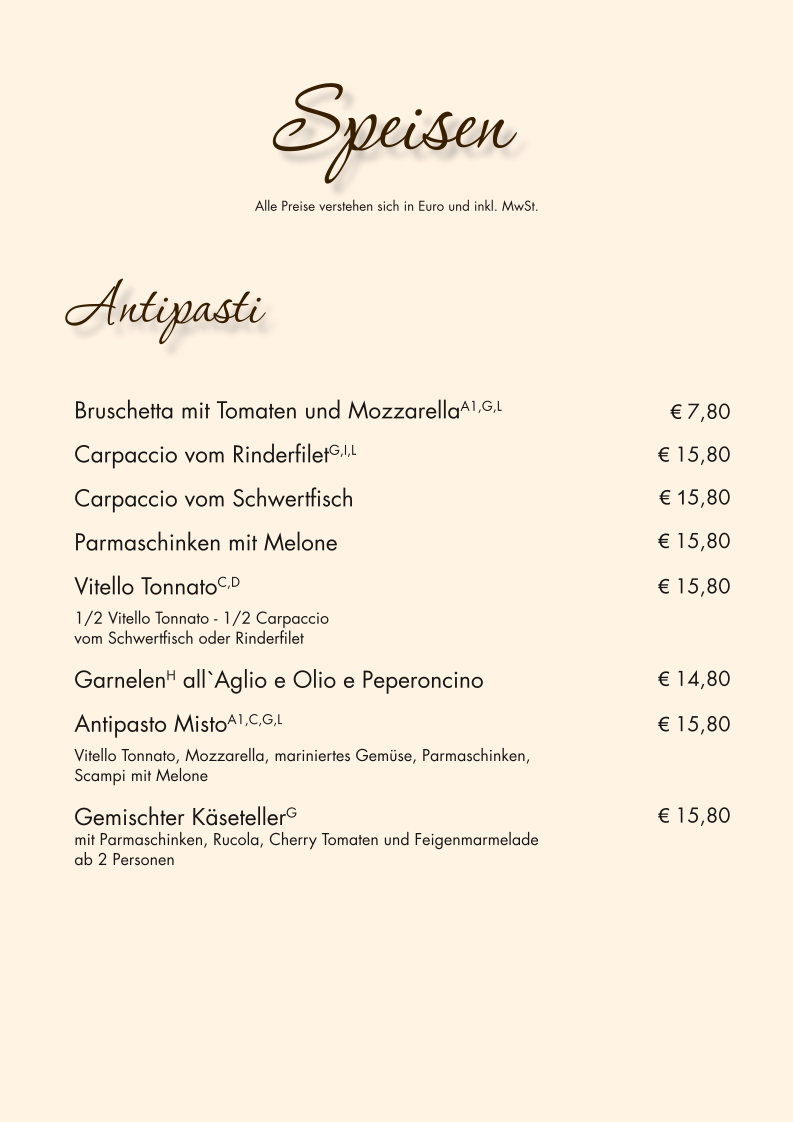 Speisekarte, L'Azzurro - Italienisches Restaurant