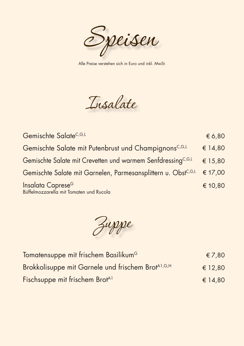 Speisekarte, L'Azzurro - Italienisches Restaurant