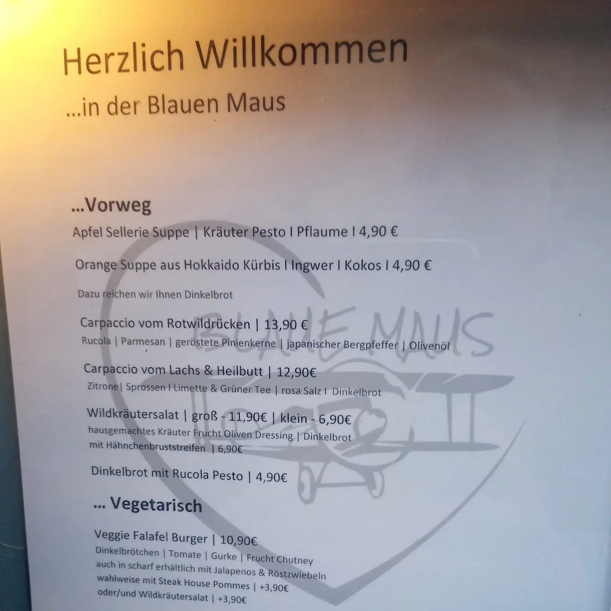 Speisekarte, Restaurant „Blaue Maus“