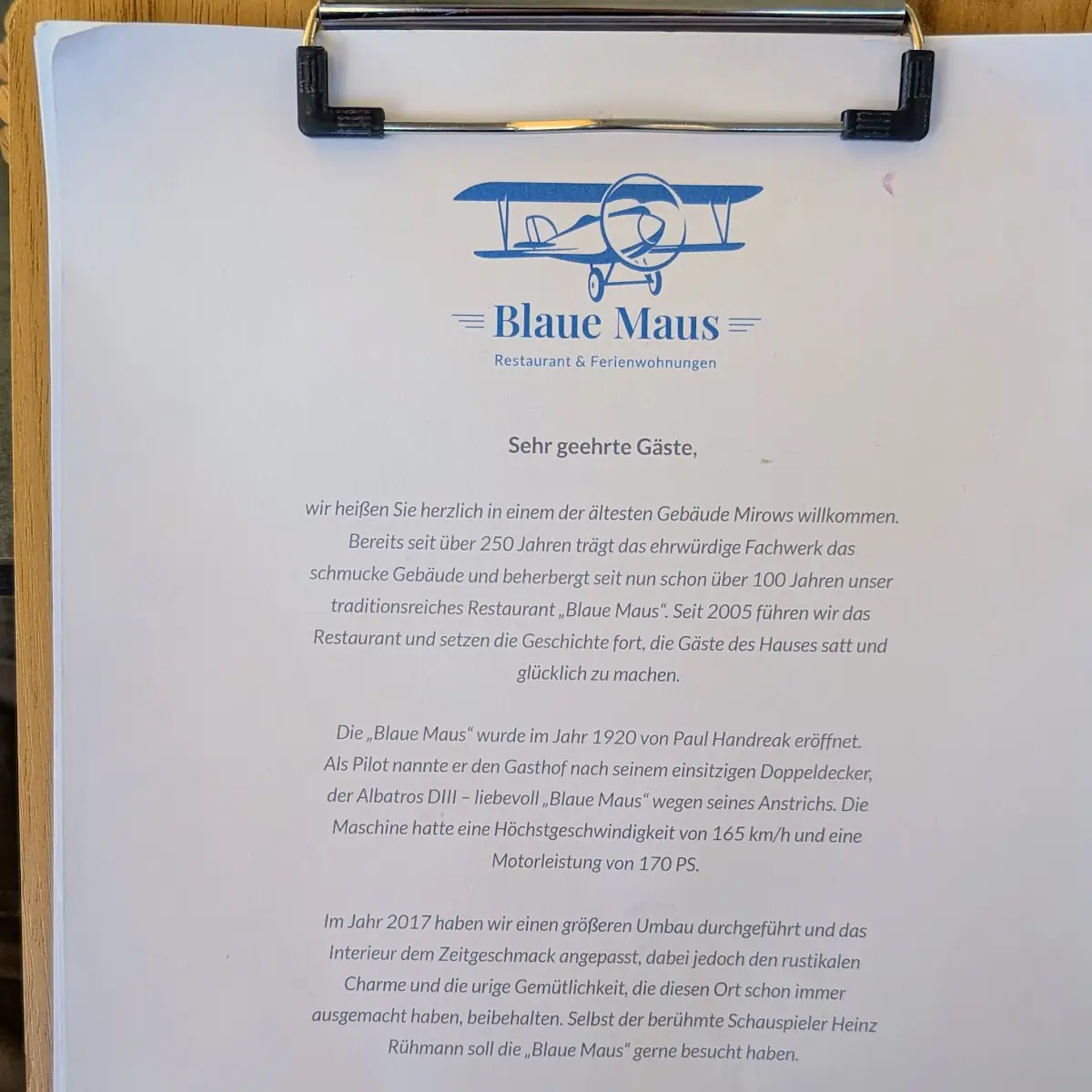 Speisekarte, Restaurant „Blaue Maus“
