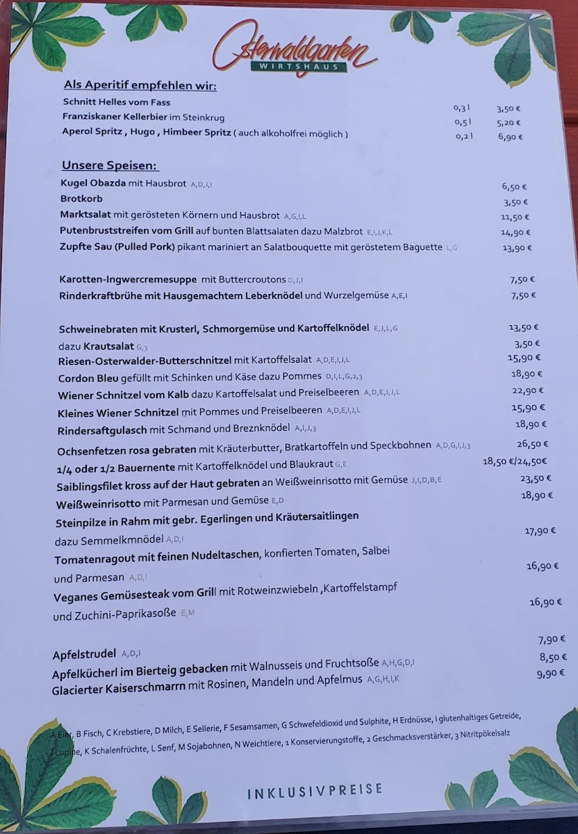 Speisekarte, Schwabinger Osterwaldgarten