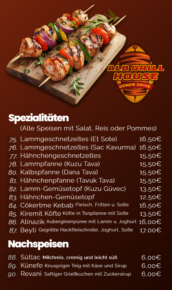 Speisekarte, Alb Grill House