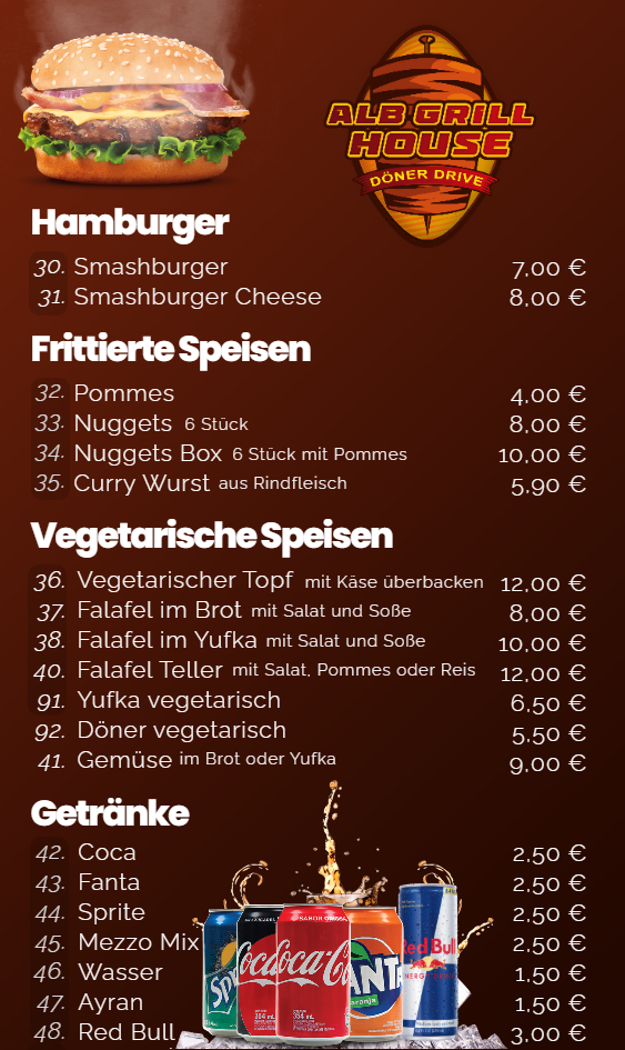 Speisekarte, Alb Grill House