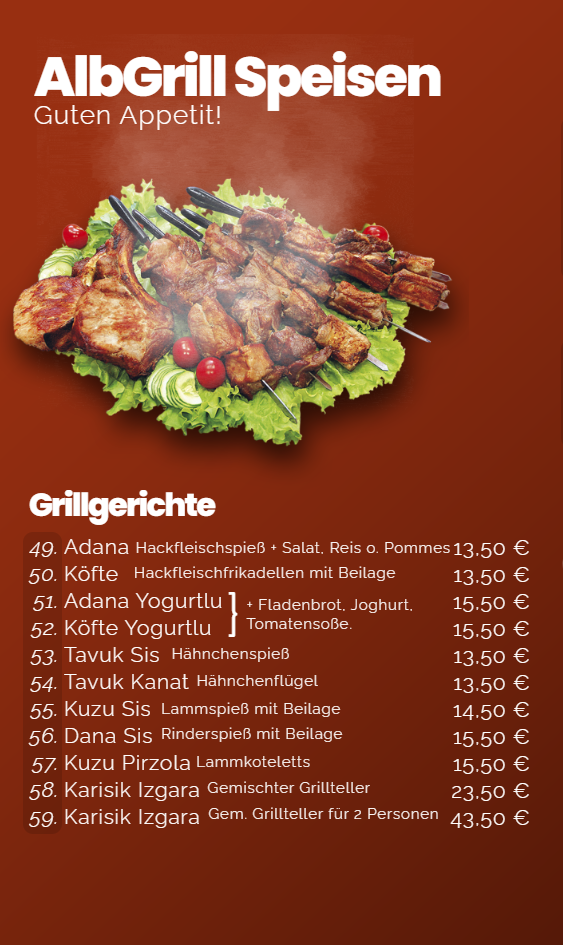 Speisekarte, Alb Grill House