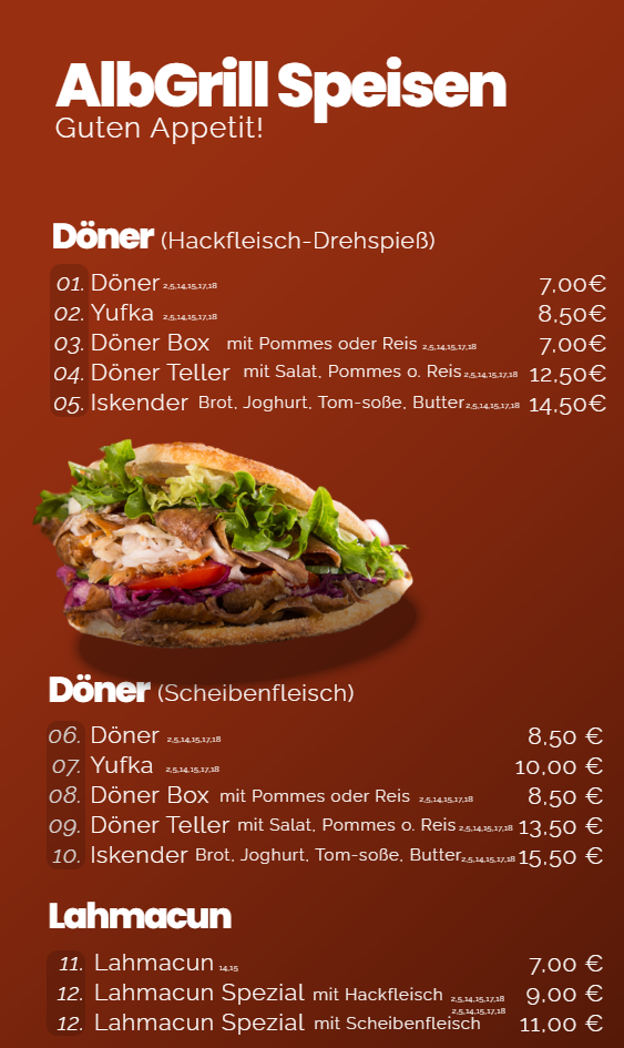 Speisekarte, Alb Grill House