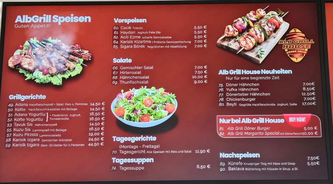 Speisekarte, Alb Grill House