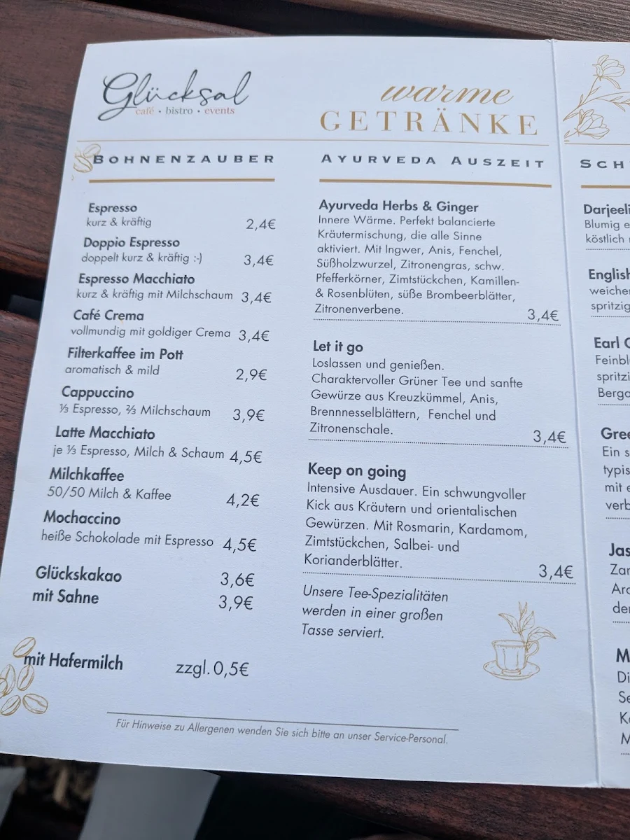 Speisekarte, Schloss Harkotten: Glücksal - café - bistro - events