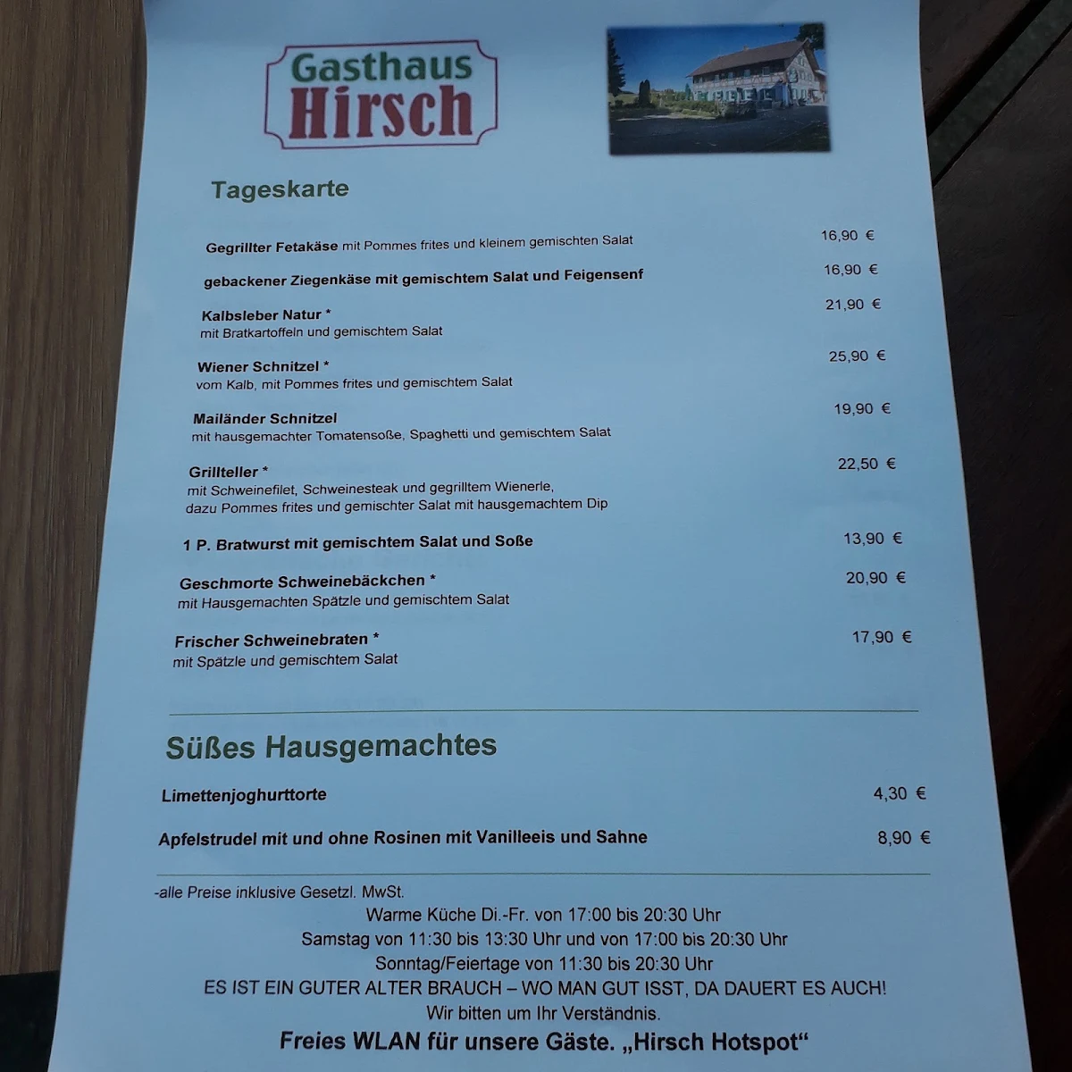 Speisekarte, Gasthaus Hirsch Bibertal