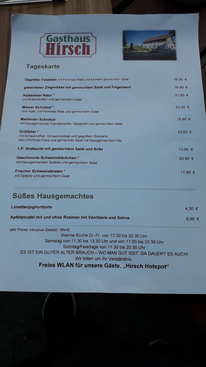 Speisekarte, Gasthaus Hirsch Bibertal
