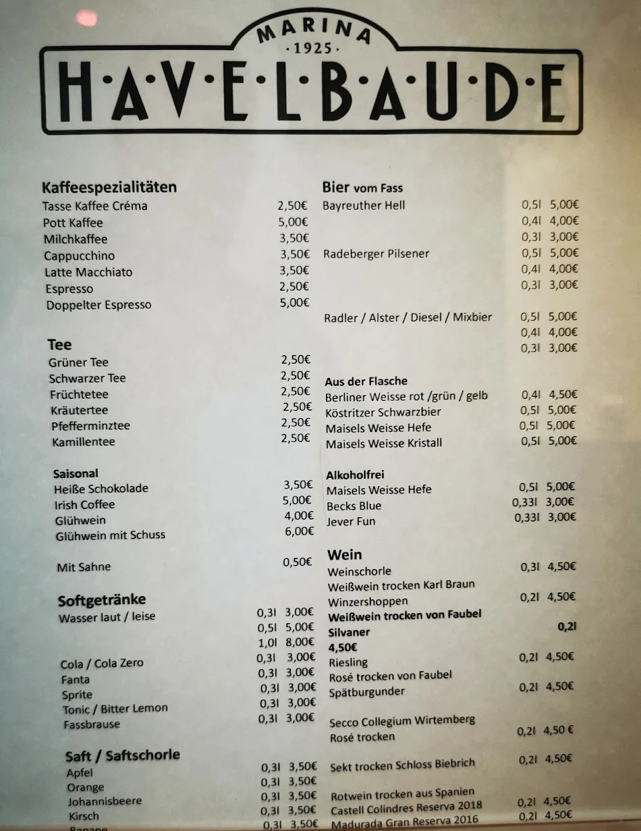 Speisekarte, Bistro Havelbaude
