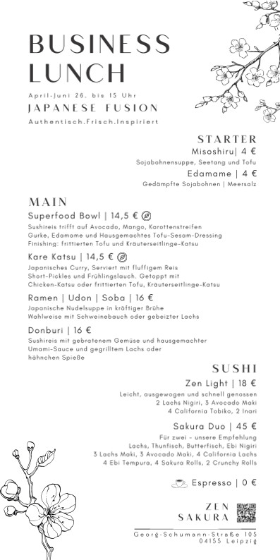Speisekarte, ZEN.SAKURA Sushi Restaurant Leipzig
