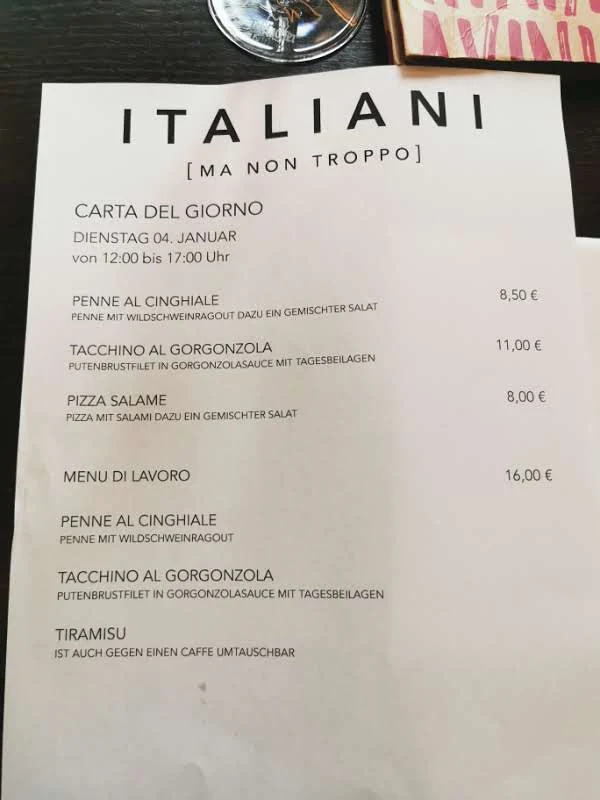 Speisekarte, Restaurant Italiani ( ma non troppo )