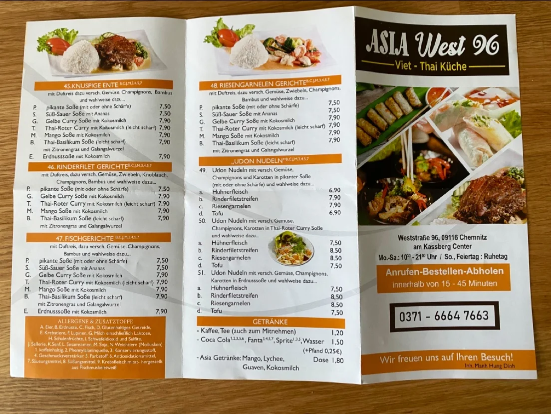 Speisekarte, Asia West 96