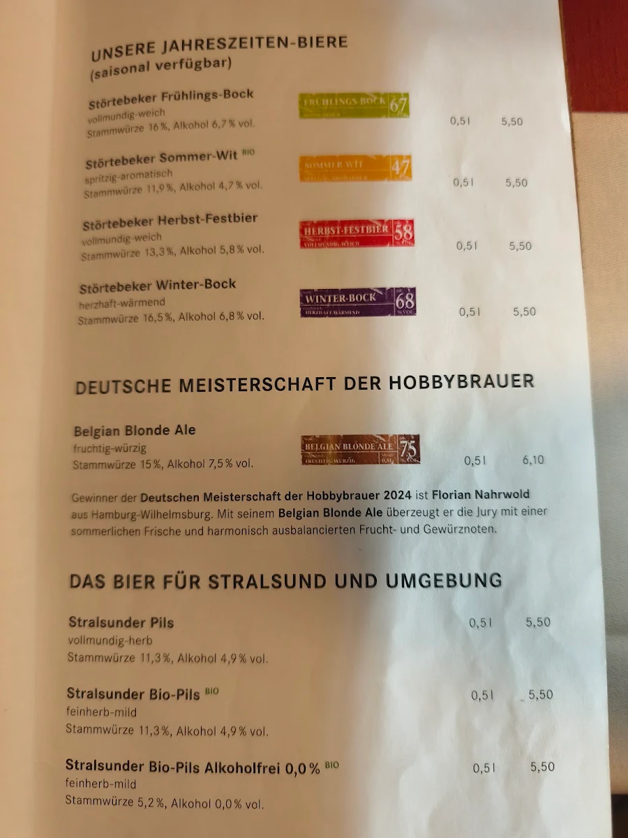 Speisekarte, Störtebeker Braugasthaus