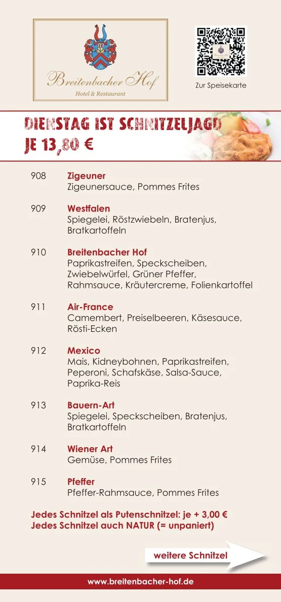 Speisekarte, Breitenbacher Hof - Hotel Restaurant
