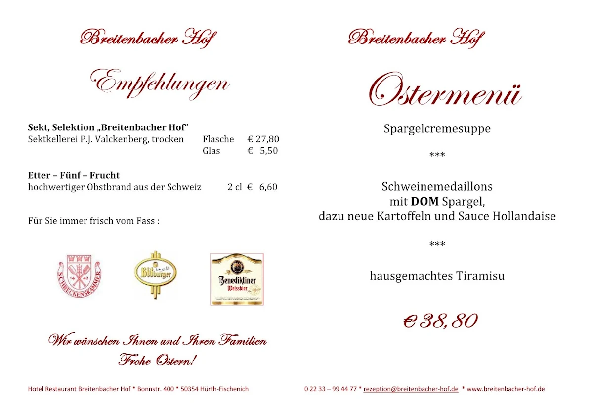 Speisekarte, Breitenbacher Hof - Hotel Restaurant