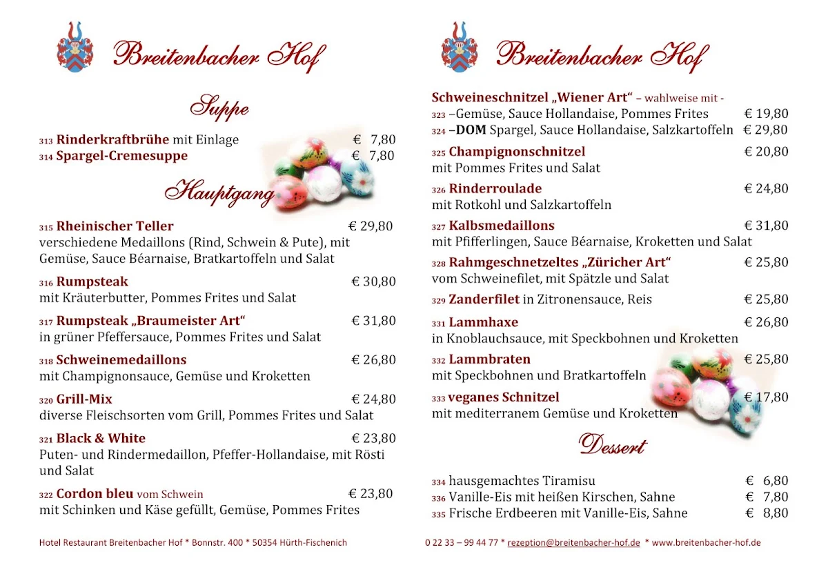 Speisekarte, Breitenbacher Hof - Hotel Restaurant