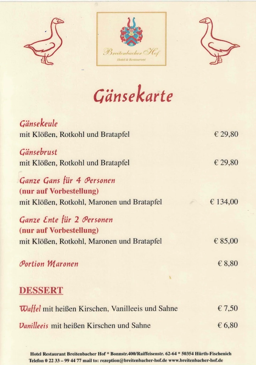 Speisekarte, Breitenbacher Hof - Hotel Restaurant