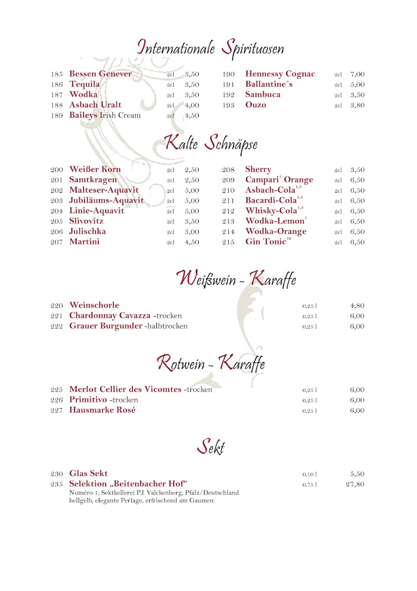 Speisekarte, Breitenbacher Hof - Hotel Restaurant