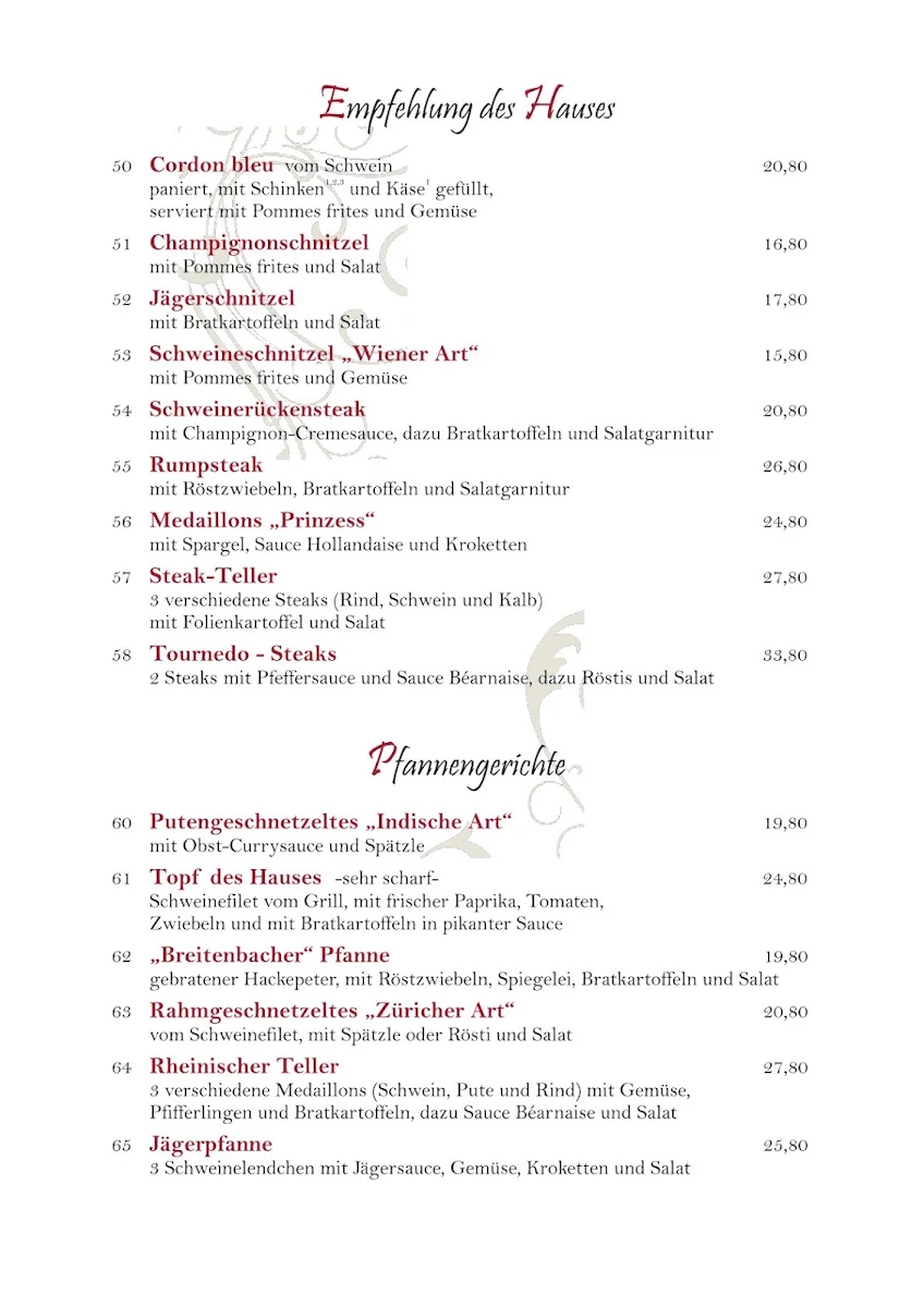 Speisekarte, Breitenbacher Hof - Hotel Restaurant