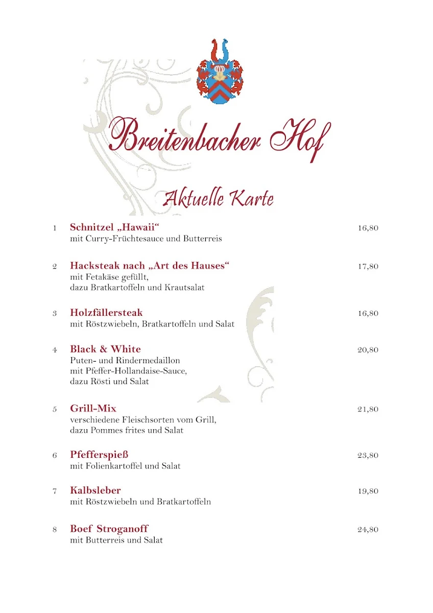 Speisekarte, Breitenbacher Hof - Hotel Restaurant