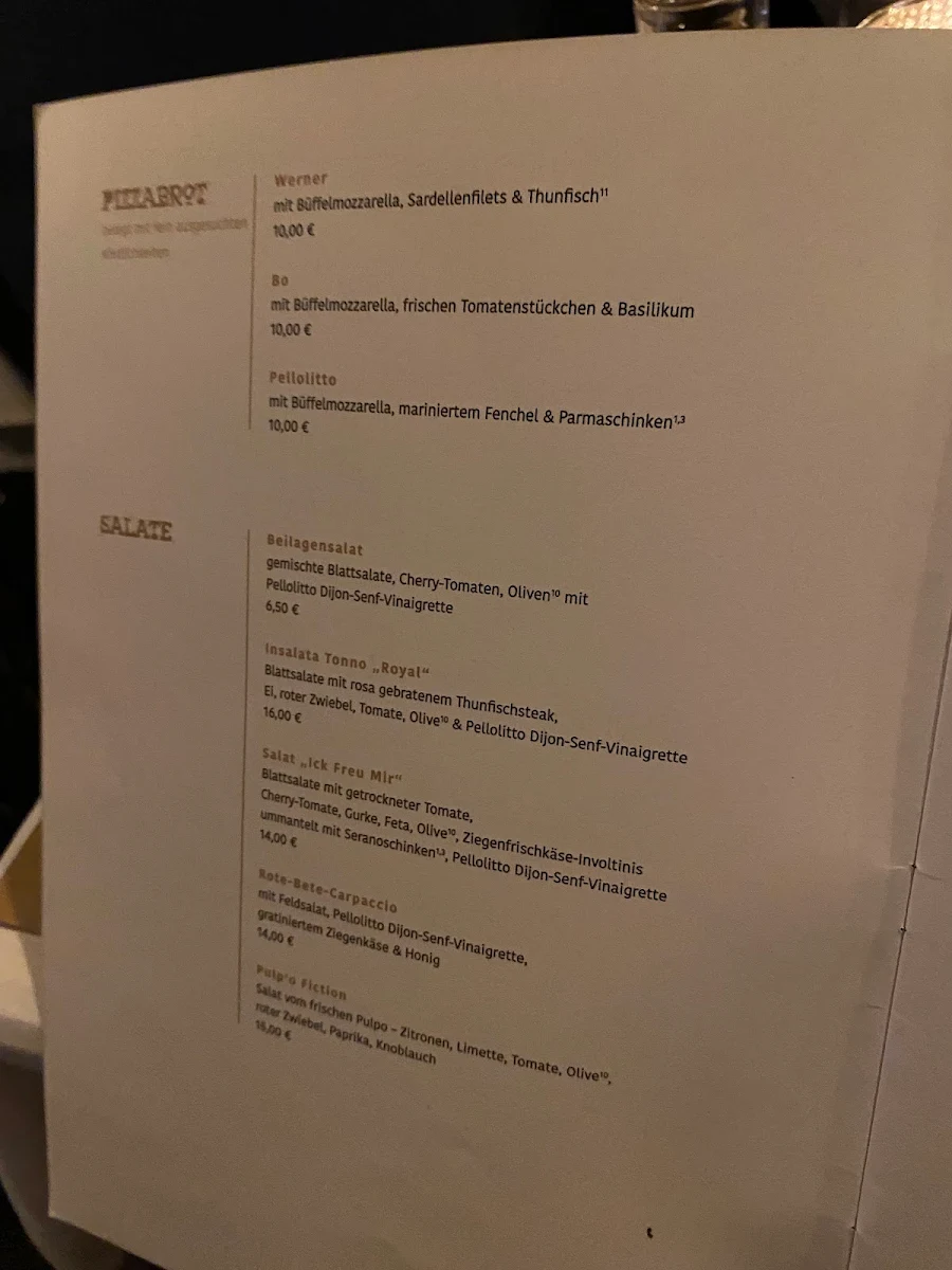 Speisekarte, Restaurant Pellolitto Pizzamanufaktur