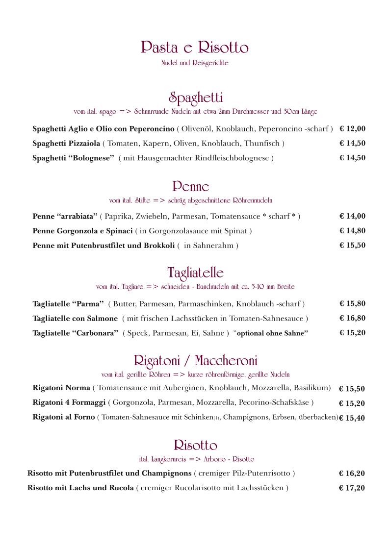 Speisekarte, Trattoria Da Capo