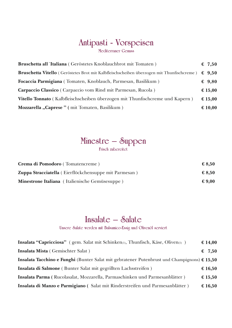 Speisekarte, Trattoria Da Capo