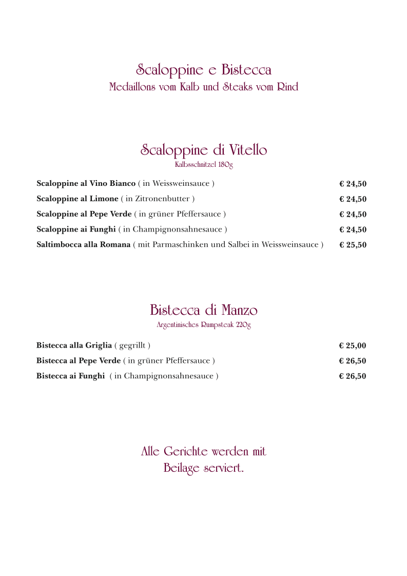 Speisekarte, Trattoria Da Capo
