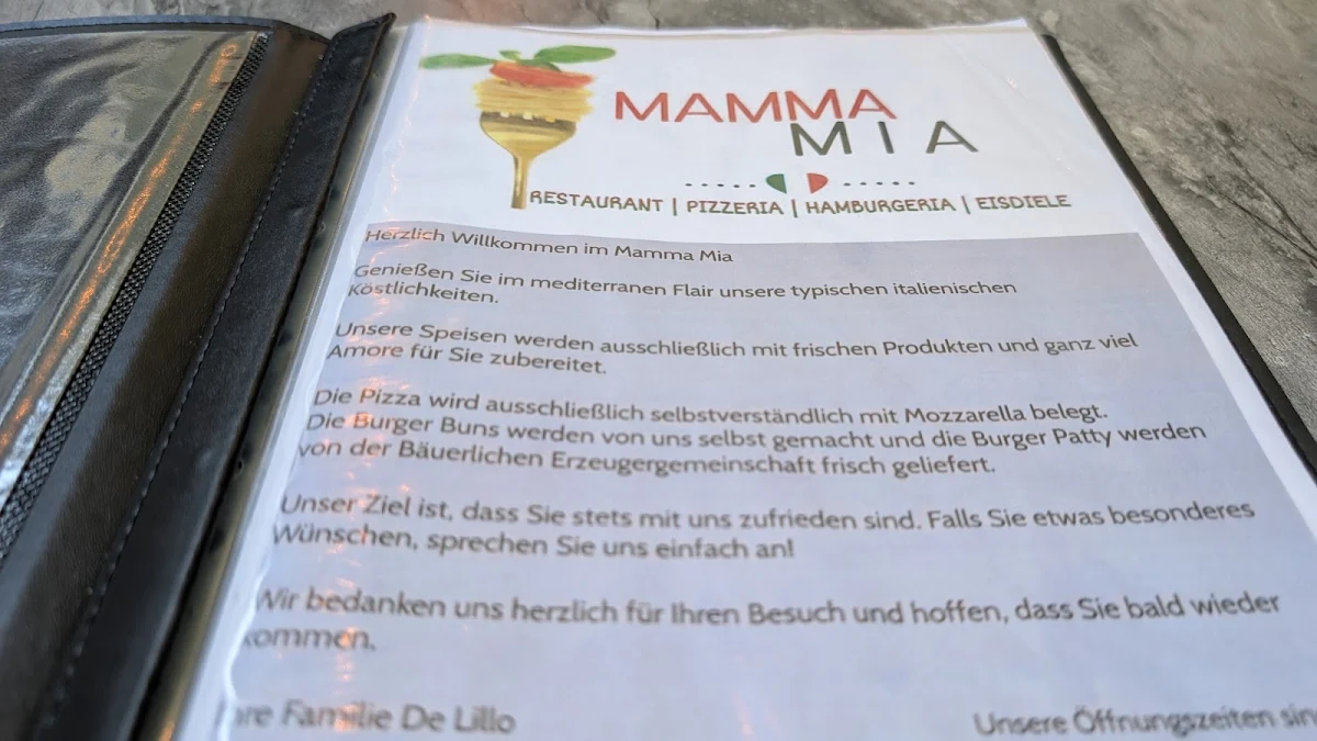 Speisekarte, Mamma Mia Restaurant