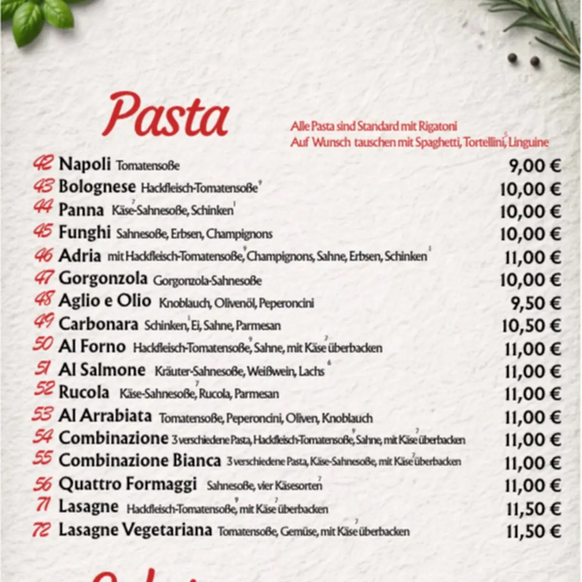 Speisekarte, Restaurant Pizzeria Adria
