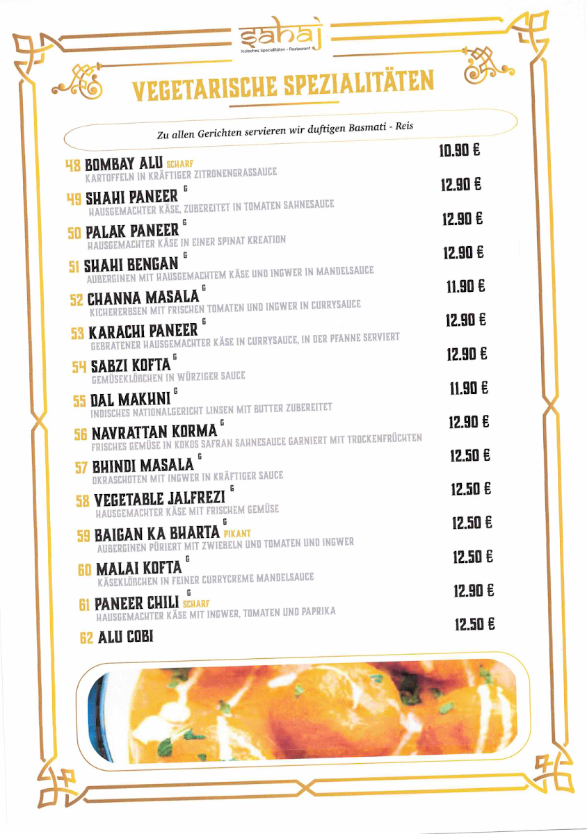 Speisekarte, Sahaj Indische Spezialitäten Restaurant