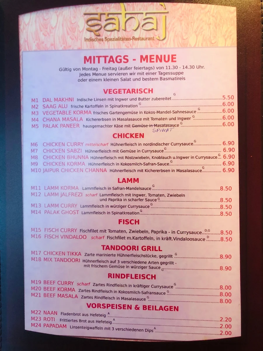 Speisekarte, Sahaj Indische Spezialitäten Restaurant