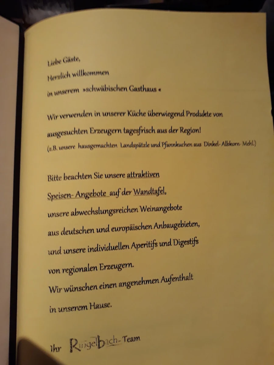 Speisekarte, Gaststätte Ringelbach