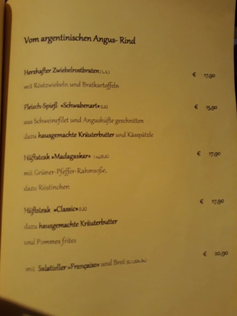 Speisekarte, Gaststätte Ringelbach