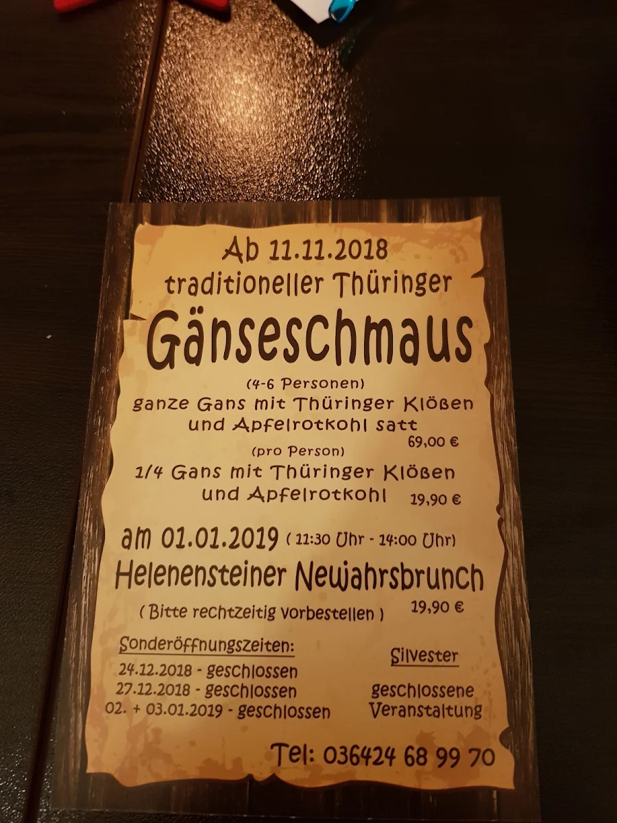 Speisekarte, Gaststätte Helenenstein