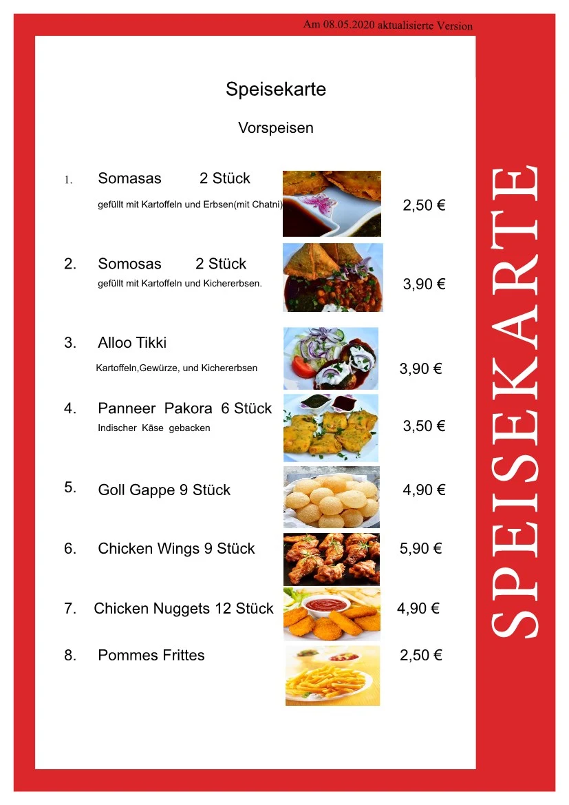 Speisekarte, Pabla Sweets