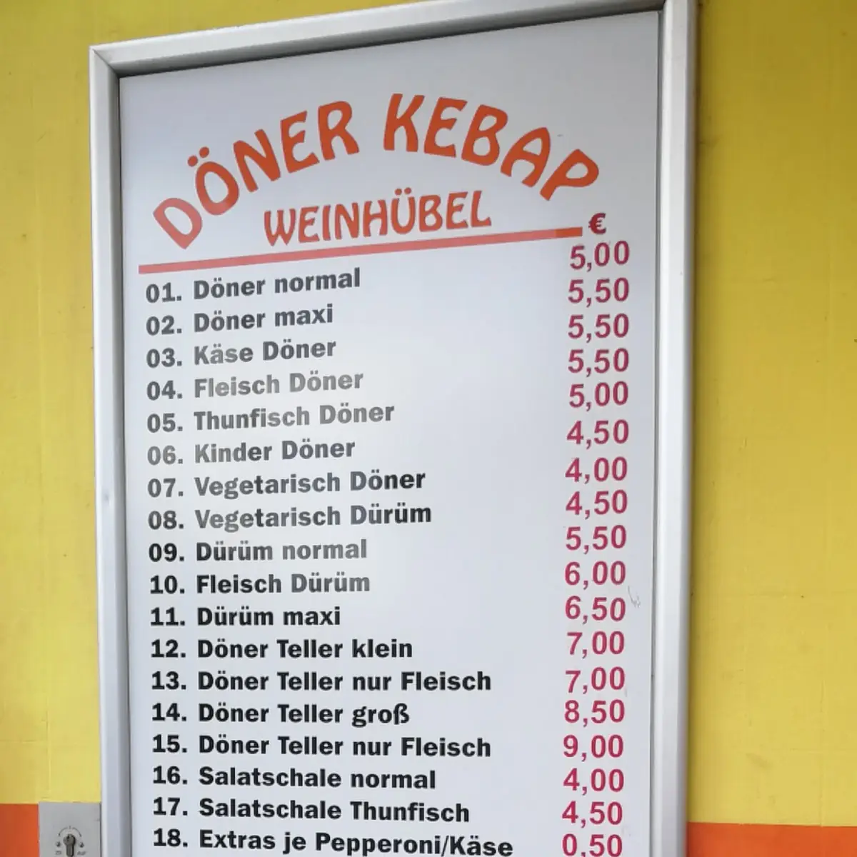 Speisekarte, Döner Kebap Weinhübel