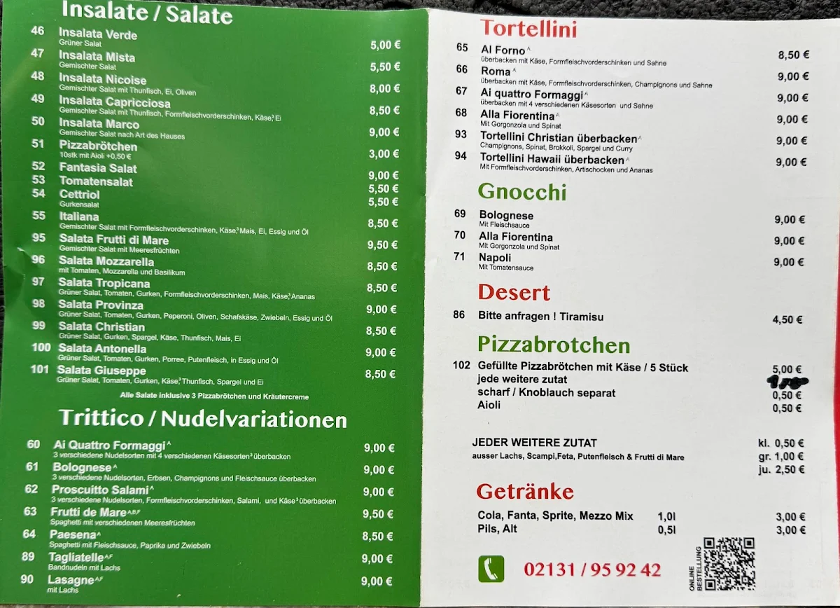 Speisekarte, Pizzeria Marco